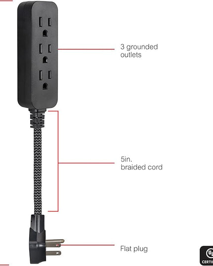 GE 3-Outlet Power Strip Mini Extension Cord with Multiple Outlets 5 Inch Braided Short Cord Extension Cord Grounded Flat Plug UL Listed Black 45191