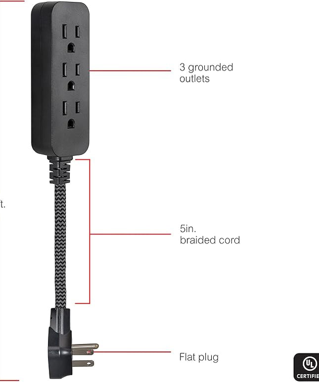 GE 3-Outlet Power Strip Mini Extension Cord with Multiple Outlets 5 Inch Braided Short Cord Extension Cord Grounded Flat Plug Extension Cord ETL Listed 2 Pack Black 53240