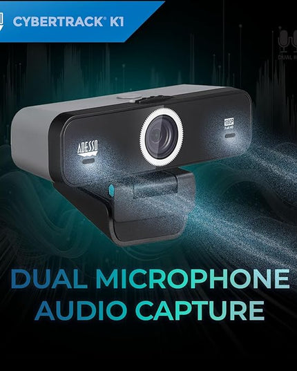 Adesso CyberTrack K1 1080P Full HD Fixed Focus USB Webcam with Adjustable View Angle Built-in Dual Microphones, Privacy Shutter, Audio/Video Mode Privacy ON/Off Switch & Tripod Mount