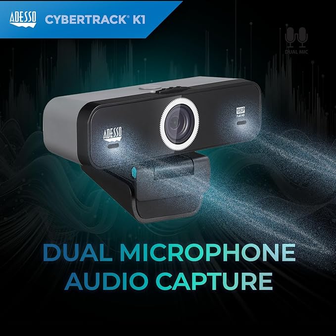 Adesso CyberTrack K1 1080P Full HD Fixed Focus USB Webcam with Adjustable View Angle Built-in Dual Microphones, Privacy Shutter, Audio/Video Mode Privacy ON/Off Switch & Tripod Mount