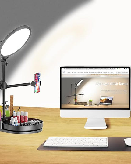 Bright Zoom Lighting for Computer, Adjustable Desk Lighting for Video Callst,55W Dimmable Full Screen Ring Light,with Rotating Storage Box,Pen Holder Stand,Phone Holder and Controller (Black, 10.5)