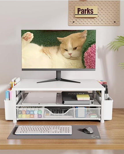 OPNICE Desk Organizers and Accessories, 2-Tier Computer Monitor Stand Riser with Drawer and 2 Pen Holders, Laptop Stand, Office Desk Accessories for Office Supplies, White Wood