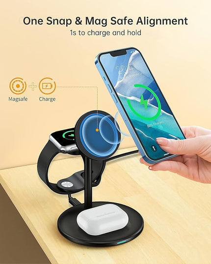 XooFly 3 in 1 Wireless Charging Station for Apple Devices, Fast Wireless Mag-Safe Charger Stand with 20W Adapter for iPhone 17/16 15 14 13 12 Pro Max/Pro/Plus/Air/Mini, iWatch, AirPods (Black)