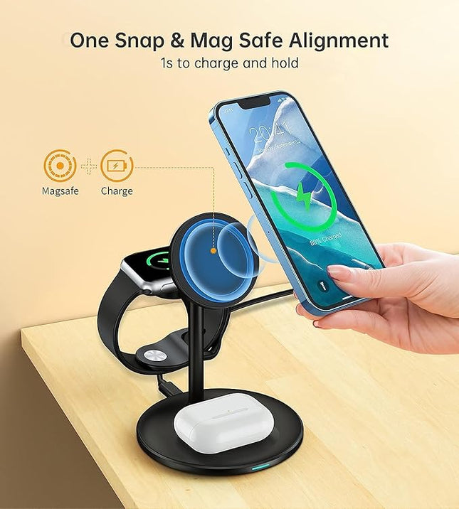XooFly 3 in 1 Wireless Charging Station for Apple Devices, Fast Wireless Mag-Safe Charger Stand with 20W Adapter for iPhone 17/16 15 14 13 12 Pro Max/Pro/Plus/Air/Mini, iWatch, AirPods (Black)