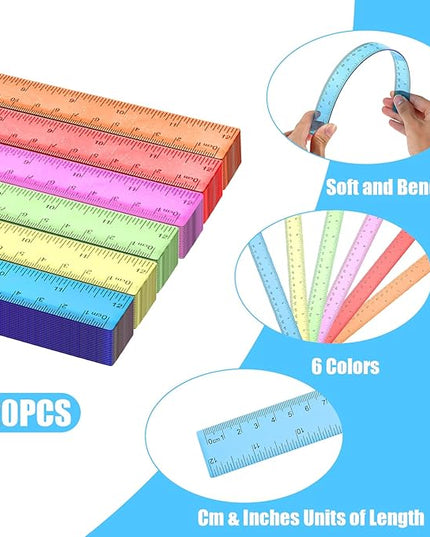 120 Pack 12 Inch Plastic Rulers Bulk for Back to School Supplies Flexible Transparent Assorted Color Ruler with Centimeters and Inches for Office Usage (6 Colors)