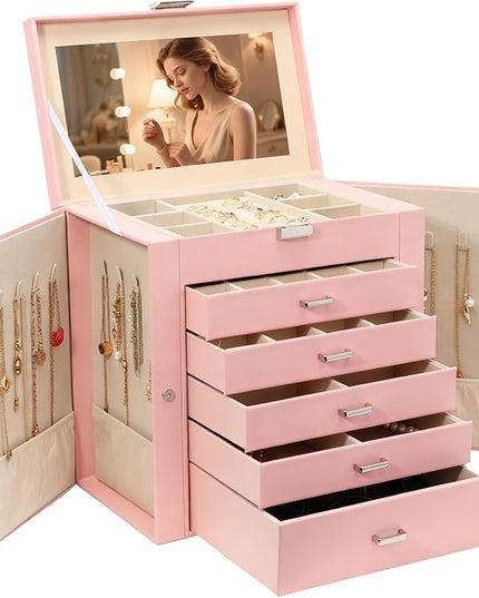BOOVO Jewelry Box For women, 6 Layer Large Jewelry Organizer With Mirror, Multi-Function Storage Box With Lock, Necklace Holder With 5 Drawers, For Earrings Necklace Bracelet (Silver and Pink)