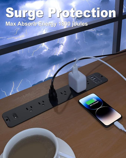 Recessed Power Strip Extension - 10 Outlet Surge Protector with 6 AC - 2 USB-A（18W） and 2 USB-C（PD20W） Ports - Flush Mount Desk Outlet with 6 Feet Cord - for Conference Table (Black)