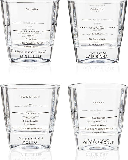 True Cocktail Rocks Glasses with Recipes for Old Fashioned, Mojito, Mint Julep & Caipirinha, Old Fashioned Glasses, Bar Glassware, 8.5 oz, Set of 4