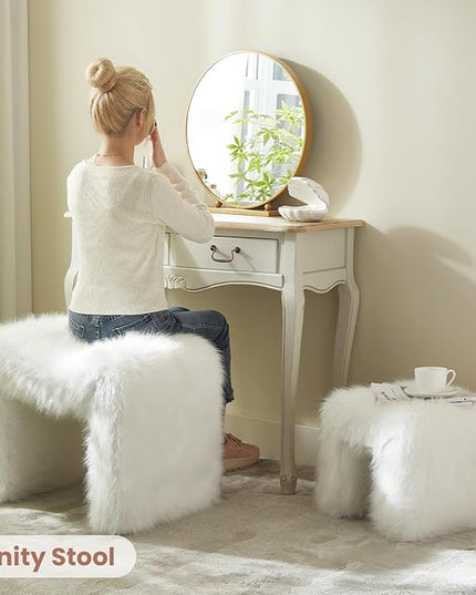 Ottoman Set of 2 Small Footstool Ottoman Vanity Stool Chair Faux Fur Seating Backless Modern Foot Rest Furry for Makeup Room Living Room Bedroom Entryway,White (2-in-1)