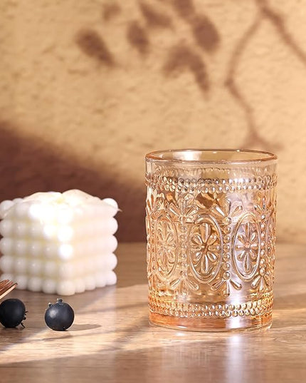 Amber Glassware set of 4, Vintage Drinking Glasses, 10oz Heavy Duty Glass Cups, Colored Glassware Set, Embossed Glasses Set for Party Wedding Home Office Gift