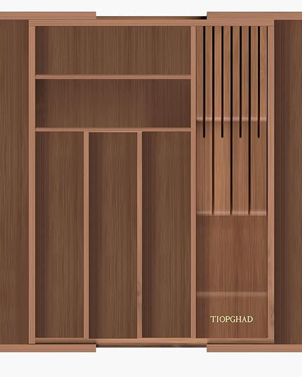 Bamboo-Silverware-Drawer-Organizer-Kitchen, Expandable Utensil Holder Cutlery Tray Flatware Organization Adjustable Wood Tableware Dividers Storage (with Removable Knife Block)(Brown)