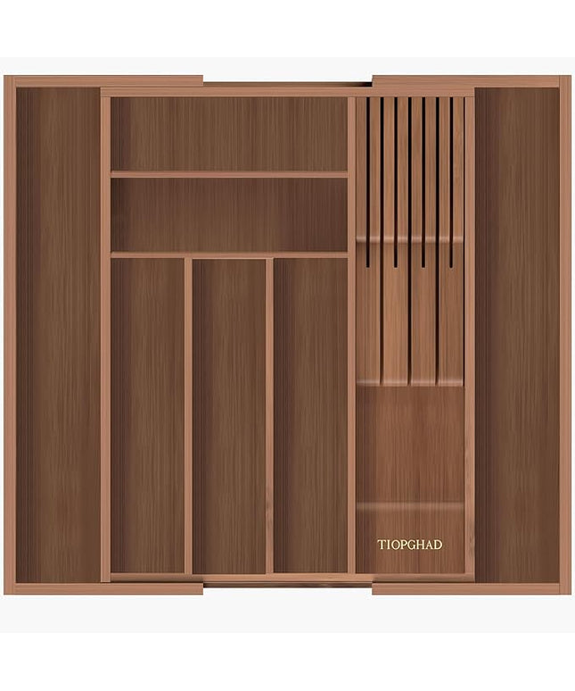 Bamboo-Silverware-Drawer-Organizer-Kitchen, Expandable Utensil Holder Cutlery Tray Flatware Organization Adjustable Wood Tableware Dividers Storage (with Removable Knife Block)(Brown)
