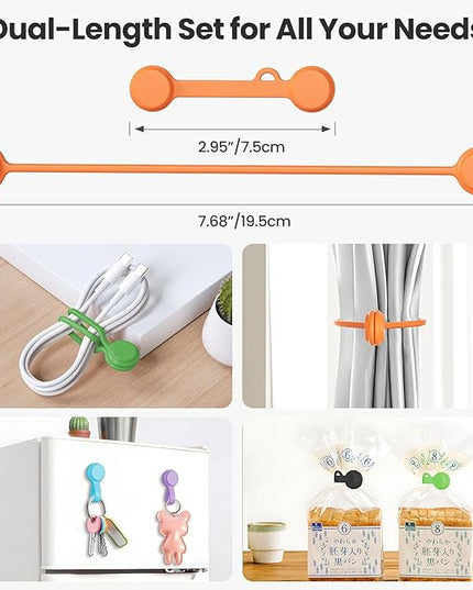 Tounee Reusable Silicone Magnetic Cable Ties - 2 Sizes Combo (4pcs 2.95'' + 4pcs 7.68'') - Multi-Purpose for Cable Bundling, Organizing, Bookmarks & Fridge Magnets - Assorted Colors, 8-Pack