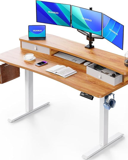 HUANUO 55″ x 26″ Electric Standing Desk with 2 Drawers, C-Clamp Mount Compatible, Height Adjustable Computer Desk, Home Office Stand Up Desk with 4 Preset Heights & 2 Hooks, Light Vintage