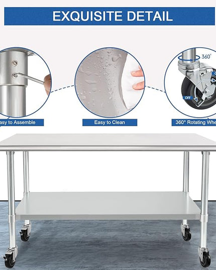 HARDURA Stainless Steel Table with Wheels 24 x 72 Inches Casters NSF Heavy Duty Commercial Work & Prep Table with Undershelf and Galvanized Legs for Restaurant Kitchen Bar and Hotel Garage