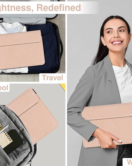 Allinside 13-14 Inch Laptop Sleeve Case for MacBook Pro 14" 2021-2024/MacBook Air 13" 2010-2017/MacBook Pro 13" 2010-2015, Waterproof PU Matte Leather Sleeve with Stand & Accessory Pouch, Pale Pink