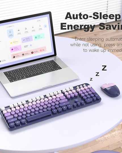 MOFII Wireless Keyboard and Mouse Combo, Full Size 2.4G Plug and Play Typewriter Retro Round Computer Keyboard and Mouse Set for Windows, Computer, Desktop, PC, Notebook - (Purple Gradient)