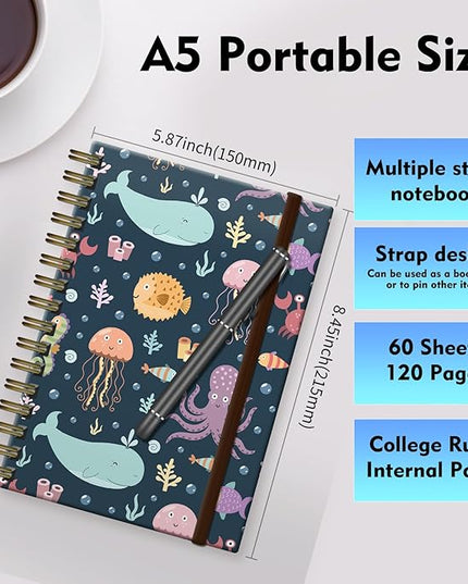 Cute Spiral Journal Notebook,A5 Hardcover Lined Journals for Women Girl 6 x 8.3 in,120 Pages Thick Paper,Cute College Ruled Writing Notebook for Gifts Office Work School (Cute Whale jellyfish)