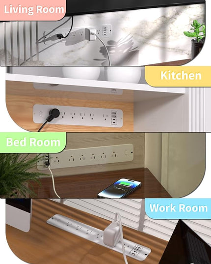 Recessed Power Strip Extension - 10 Outlet Surge Protector with 6 AC - 2 USB-A（18W） and 2 USB-C（PD20W） Ports - Flush Mount Desk Outlet with 6 Feet Cord - for Conference Table (White)