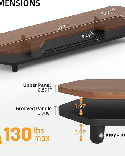 Dual Monitor Stand Riser, 39.4 Inch Large Monitor Stand with Storage Shelf, 2-Tier Desk Organizer for PC, Laptop, Printer | 2 Slots for Phone/Tablet, Computer Monitor Riser, Wood Desk Shelf for TV