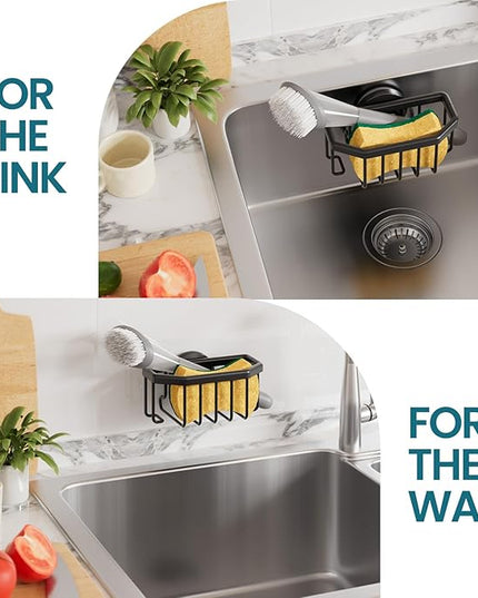 TAILI Sponge Holder for Kitchen Sink with Strong Suction Cup, Rustproof Aluminum Sink Caddy for Sponges, Brushes, Stoppers & Scrapers, Black