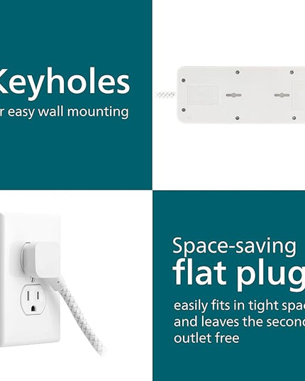 Philips 7-Outlet Surge Protector with USB Charging, 6ft Braided Extension Cord, 1USB-A, 1USB-C, 1500J, Adapter Spaced, Outlet Extender Power Strip, White - SPP3983W/37