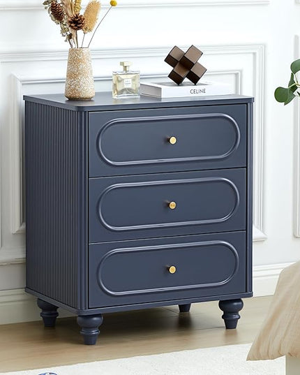 3 Drawer Fluted Dresser for Bedroom, Mid Century Modern Chest of Drawers, Wood Storage Small Dresser Organizer for Bedroom Living Room Hallway Closet, Blue