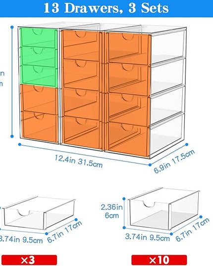 ARSTPEOE Acrylic Makeup Organizer with 13 Drawers, Bathroom Counter Organizer, Acrylic Organizers, Desk Organizer, Office Supplies, Storage Drawers for Cosmetic, Pencil, Coffee, etc 3 Pack