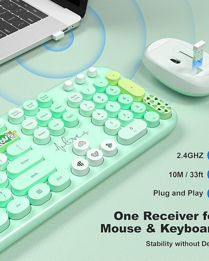 MOFII Wireless Keyboard and Mouse Combo, Full Size 2.4G Plug and Play Typewriter Retro Round Computer Keyboard and Mouse Set for Windows, Computer, Desktop, PC, Notebook - (Green Colorful)