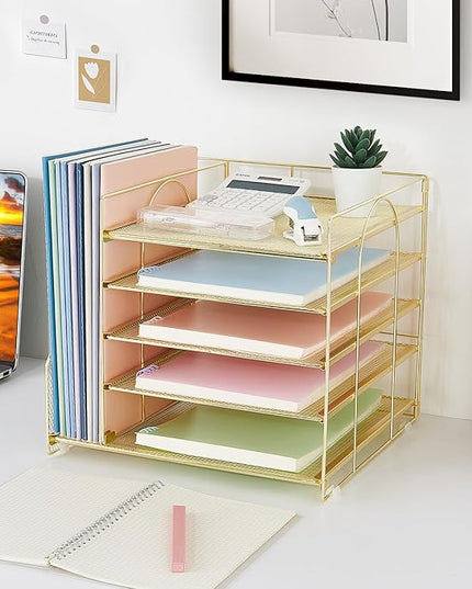 LEKETREE Desk Organizers and Accessories, 5-Tier Paper Letter Tray Organizer with File Holder, Desktop Organizer for Office Supplies (Gold)