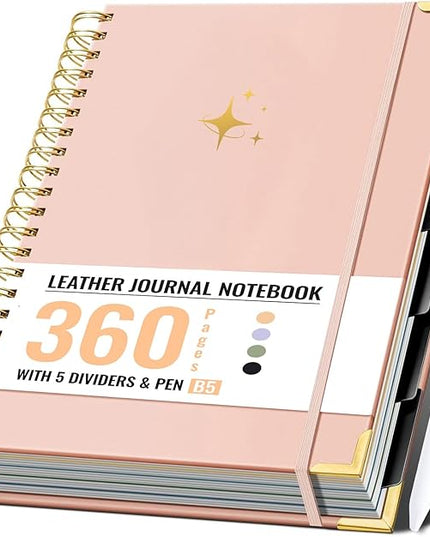 FLYING EAGLE Leather Spiral Notebooks for Work 5 Subject Notebook College Ruled with Dividers Pen, 360 Pages B5 Hardcover Lined Journals for Women Men Writing,Pink