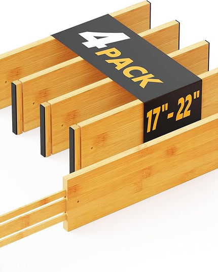 SpaceAid Bamboo 4 Pack Dresser Drawer Dividers, 4.65“ High Adjustable 17“-22” Drawer Organizers, Expandable Organization for Clothing, Clothes, Dressers, Natural