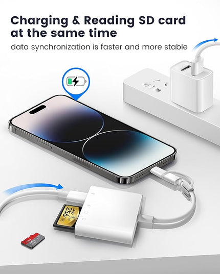 SD Card Reader for iPhone iPad, 4 in 1 Micro SD/SD Card Reader to iPhone Adapter, SD Card Viewer with TF/SD Dual Slot, Portable Camera Memory Card Reader for iPhone with Charging Port, Plug and Play