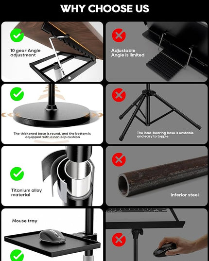 2 in 1 Adjustable Book Stand - Dual-Use Floor and Desktop Book Holder Stand, Height Adjustable 23.5-52 in, Elastic Page Clips for Music Sheet, Recipe, Tablet, Laptop-Black