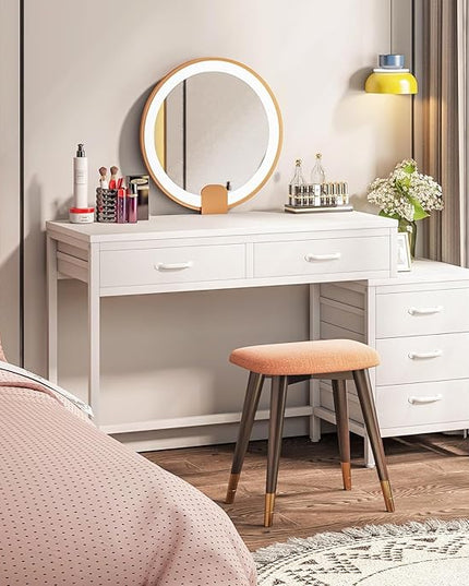 Tribesigns Computer Desk with 5 Drawers, Home Office Desks with Reversible Drawer Cabinet Printer Stand, Industrial PC Desk with Storage, White Study Writing Table Workstation for Small Spaces