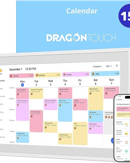 Dragon Touch 15.6" Digital Calendar Chore Chart – 1080P Full HD Interactive Touchscreen, Smart Family Planner, Hearth Display Digital Calendar Wall & Desk Mountable for Seamless Scheduling
