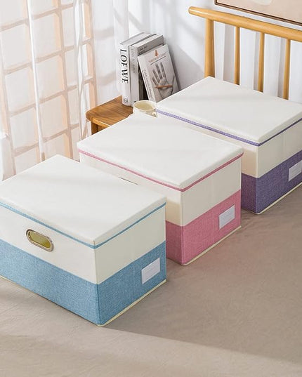 PRANDOM Collapsible Storage Bin with Lid [3-Pack] Fabric Foldable Storage Box Organizer Container Basket Cube with Cover for Home Bedroom Closet Office Nursery Blue&Cream(14.9x9.8x9.8)