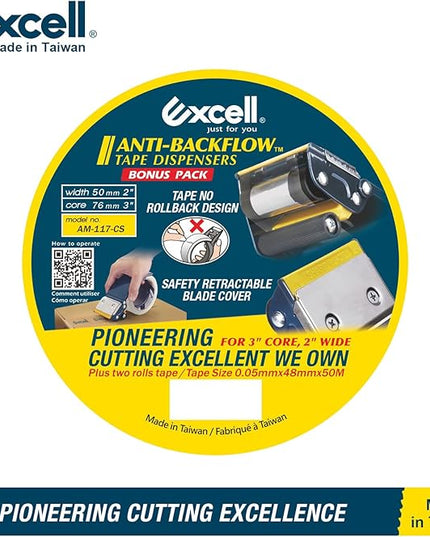Excell ET-22686 Anti-Backflow Metal Packaging Tape Dispenser (2" Wide) with 2 Roll Tapes for Packaging, Transportation, Moving and Box Sealing Carton (Tape Gun + 2 Tapes)