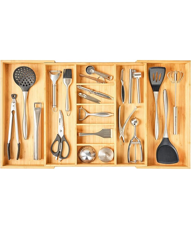 Umilife Extra Large Expandable Kitchen Drawer Organizer for Utensil and Junk, 19" Deep for Big Drawer, 19" to 33" Adjustable Bamboo Wood Drawer Divider, Cutlery Tray, Flatware Holder