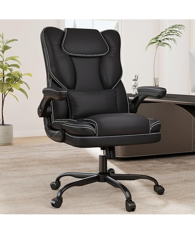 Ergonomic Office Chair with Flip-up Armrests 300lbs,Middle-Tall Computer Office Desk Chair with Lumbar Support,Executive Leather Chair with Rocking Function Adjustable Height for Home Office