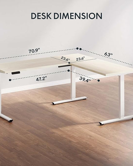 SANODESK L Shaped Electric Standing Desk with Drawer, 71 Inch Ergonomic Adjustable Height Desk with Storage, Corner Desk Sit Stand up Computer Table for Work Office Home, Maple