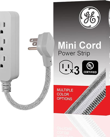 GE 3-Outlet Power Strip Mini Extension Cord with Multiple Outlets 5 Inch Braided Short Cord Extension Cord Grounded Flat Plug Extension Cord ETL Listed Gray 53199