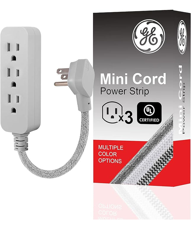 GE 3-Outlet Power Strip Mini Extension Cord with Multiple Outlets 5 Inch Braided Short Cord Extension Cord Grounded Flat Plug Extension Cord ETL Listed Gray 53199
