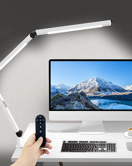 Micomlan LED Desk Lamp for Home Office, Architect Clamp Desk Lamp with Remote Control, Adjustable Dimmable Swing Arm Clamp on Table Light Clip-on Dual Light 5 Brightness Levels & 4 CCT Modes