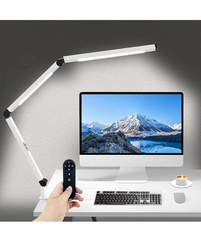 Micomlan LED Desk Lamp for Home Office, Architect Clamp Desk Lamp with Remote Control, Adjustable Dimmable Swing Arm Clamp on Table Light Clip-on Dual Light 5 Brightness Levels & 4 CCT Modes