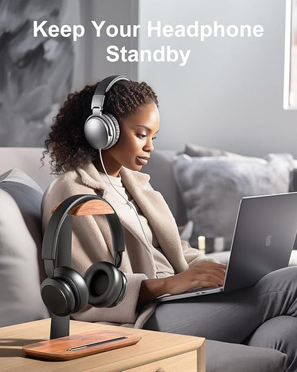 UPERGO Walnut Headphone Stand, Wood Headset Stand for Desk, Universal Headphone Holder with Storage Base for Gaming, Airpod max, Bose,Razer