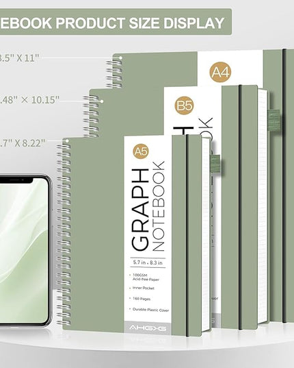 AHGXG Graph Paper Notebook - Spiral Notebook 8.5" x 11", A4 Large Graph Notebook, 100 gsm Thick Grid Paper, Waterproof Plastic Cover Journals for School Writing Engineering Math, Sage Green