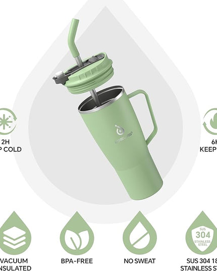 Ideus 32 oz Tumbler with Handle and Straw, Vacuum Insulated Stainless Steel Travel Mug, 100% Leakproof, Cup Holder Friendly, Avocado Green