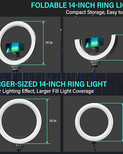 UBeesize 14'' Foldable Ring Light with 62'' Tripod Stand and Phone Holder, LED Selfie RingLight for iPhone with Remote, Circle Light for Tiktok/YouTube/Photography/Makeup/Live Stream