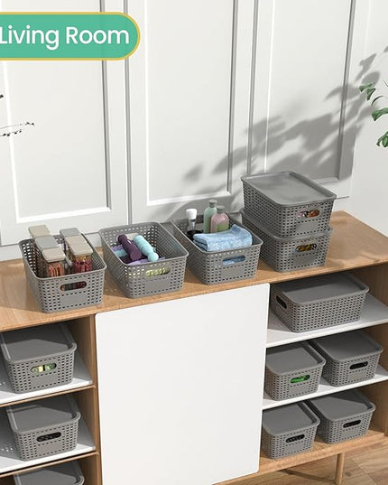 Plastic Storage Baskets with Lid-Plastic Storage Containers Stackable Storage bins: Storage Baskets for Organizing Shelves Drawers Desktop Closet Playroom Classroom Office, 8Pack-Gray,10.2x7.2x4.1Inch